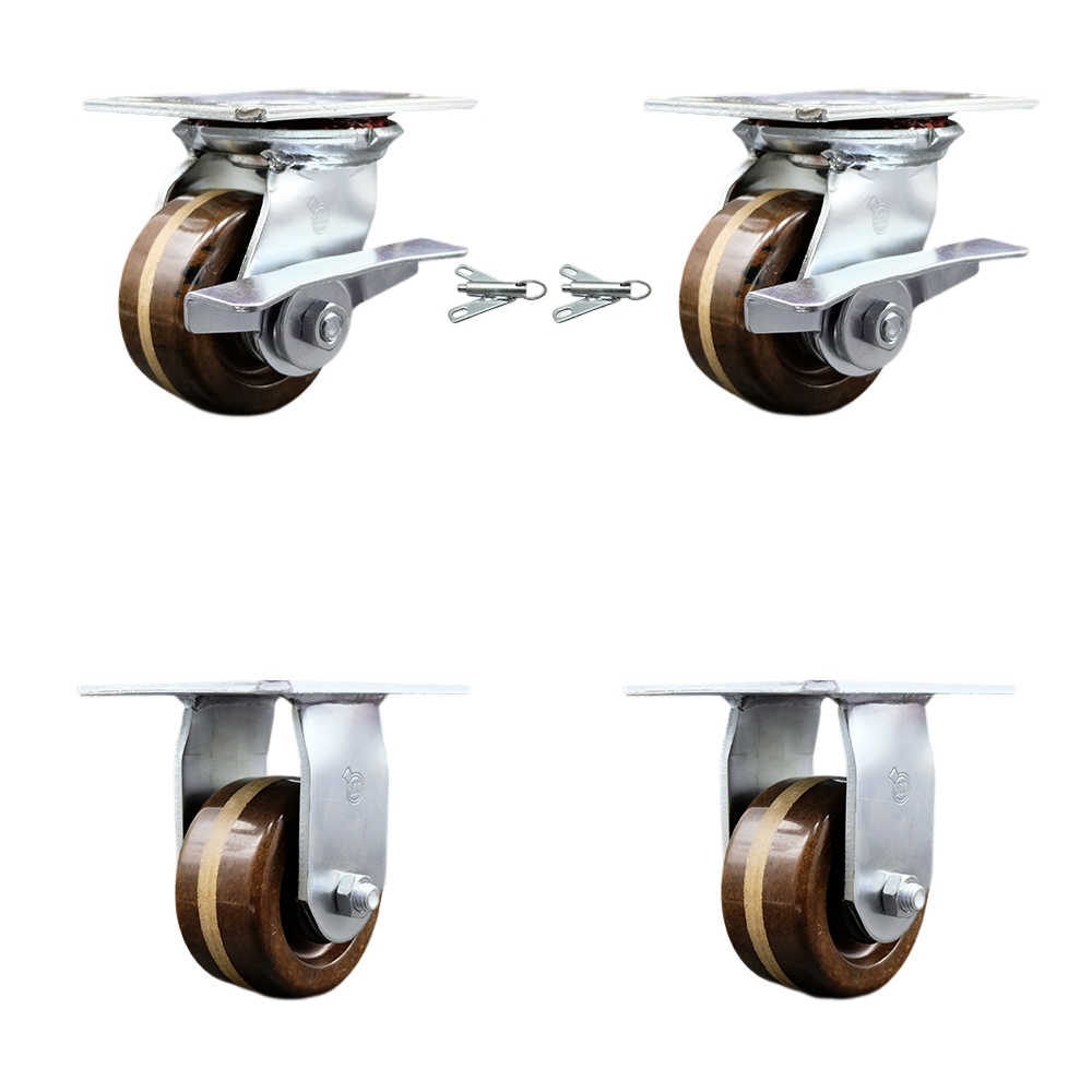 Heavy Duty Large Top Plate High Temperature Phenolic Swivel Caster Set of 4 w/4" x 2" Brown Wheels-Includes 2 Swivel with Brakes and Bolt on Swvl Lcks&2 Rigid-3200lbs Total Cpty - Service Caster Brand — photo 1