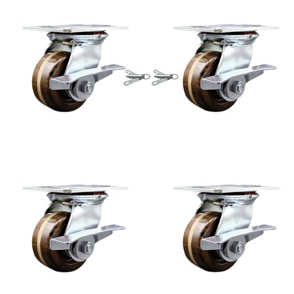 Heavy Duty Large Top Plate High Temp Phenolic Swivel Caster Set 4 w/4" x 2" Brown Wheels-Includes 2 Swivel with Brakes and Bolt on Swvl Lcks&2 Swvl with Brakes-3200 lbs Total Cpty-Service Caster Brand — photo 1