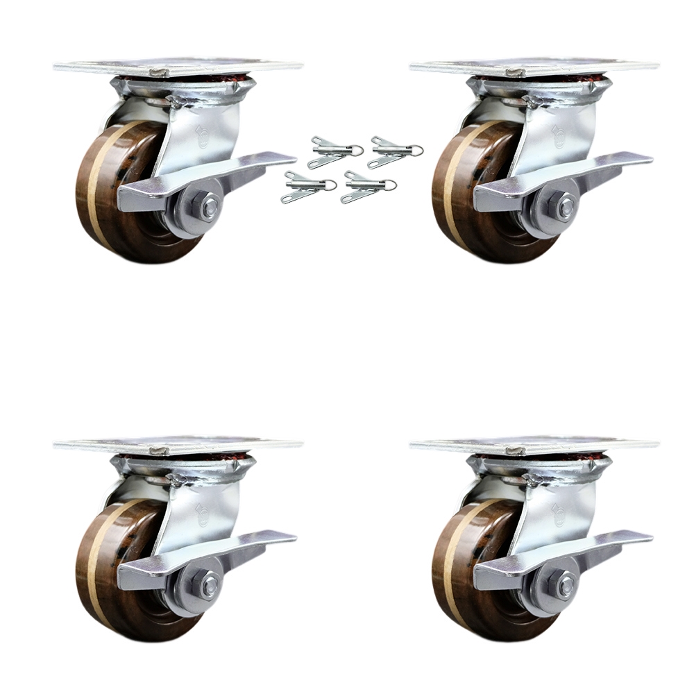 Heavy Duty Large Top Plate High Temperature Phenolic Swivel Caster Set of 4 w/4" x 2" Brown Wheels - Includes 4 Swivel w/Side Lck Brakes & Bolt on Swivel Lcks-3200lbs Total Cpty - Service Caster Brand — photo 1