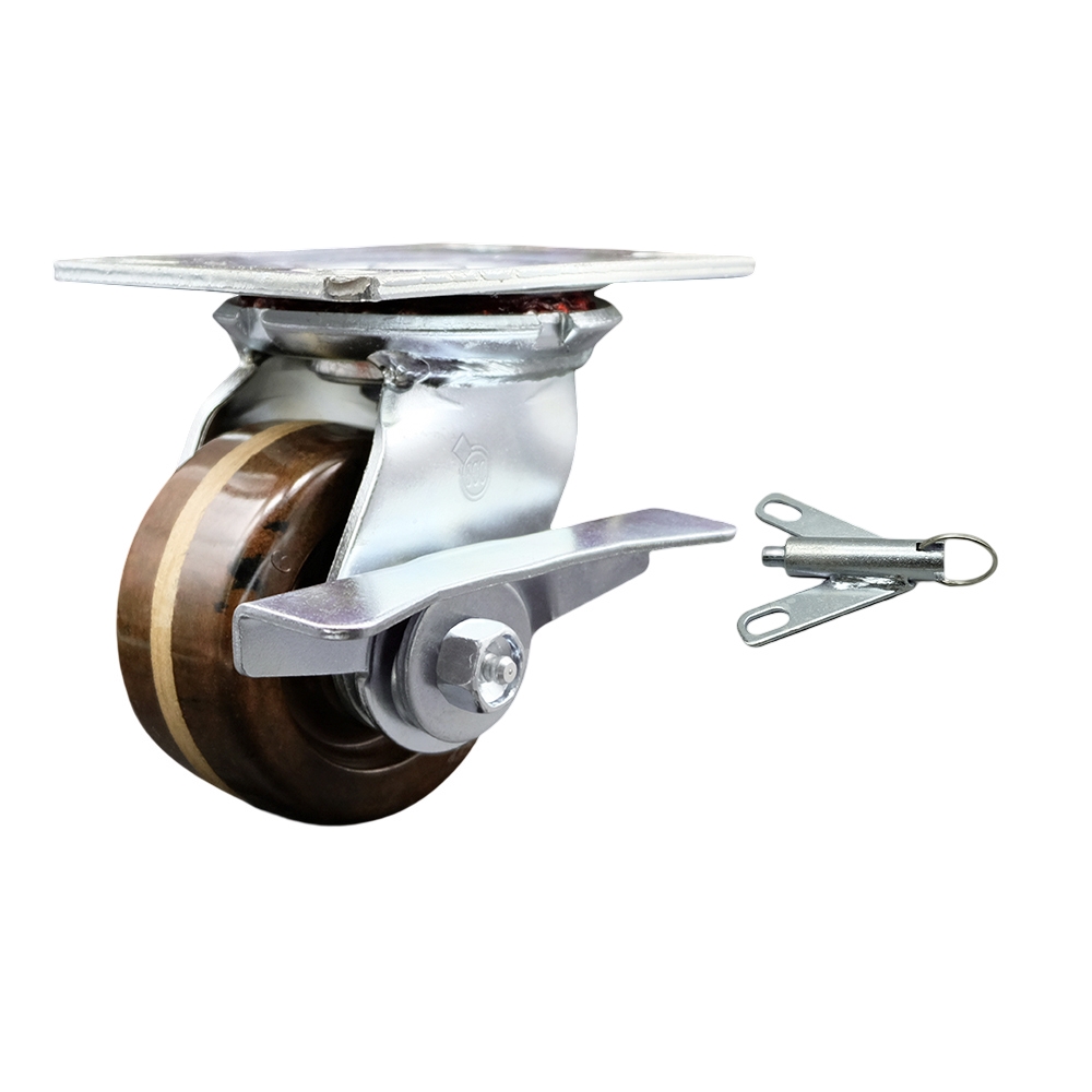 Heavy Duty Large Top Plate High Temperature Phenolic Swivel Caster w/4" x 2" Brown Wheel & Side Lck Brake and Bolt on Swivel Lock - 800 lbs Capacity/Caster - Service Caster Brand — photo 1