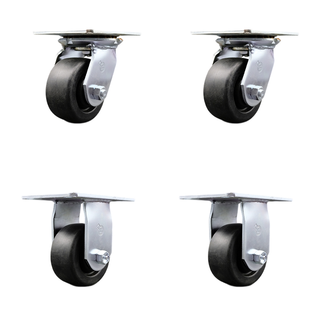 Heavy Duty Large Top Plate Polyolefin Swivel Caster Set of 4 w/4" x 2" Black Wheels - Includes 2 Swivel & 2 Rigid - 2000 lbs Total Capacity - Service Caster Brand — photo 1