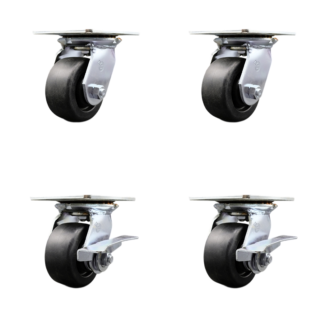 Heavy Duty Large Top Plate Polyolefin Swivel Caster w/Main. Free Bearings Set of 4 w/4" x 2" Black Wheels - Includes 2 Swivel with Brakes & 2 Swivel - 2000 lbs Total Capacity - Service Caster Brand — photo 1
