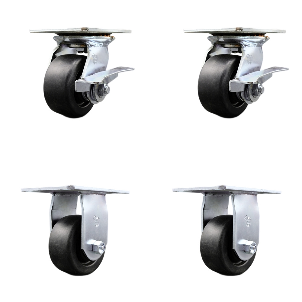 Heavy Duty Large Top Plate Polyolefin Swivel Caster Set of 4 w/4" x 2" Black Wheels - Includes 2 Swivel with Brakes & 2 Rigid - 2000 lbs Total Capacity - Service Caster Brand — photo 1