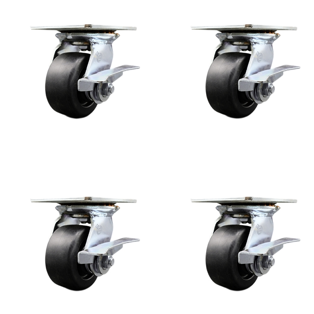 Heavy Duty Large Top Plate Polyolefin Swivel Caster w/Main. Free Bearings Set of 4 w/4" x 2" Black Wheels - Includes 4 Swivel w/Side Lck Brakes - 2000 lbs Total Capacity - Service Caster Brand — photo 1