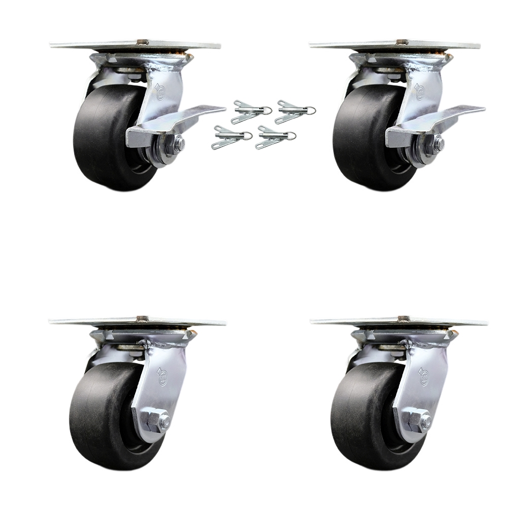 Heavy Duty Large Top Plate Polyolefin Swivel Caster Set 4 w/4" x 2" Black Wheels-Includes 2 Swvl w/Brakes and Bolt on Swvl Lcks& 2 Swvl w/Bolt on Swvl Lcks-2000 lbs Total Cpty- Service Caster Brand — photo 1