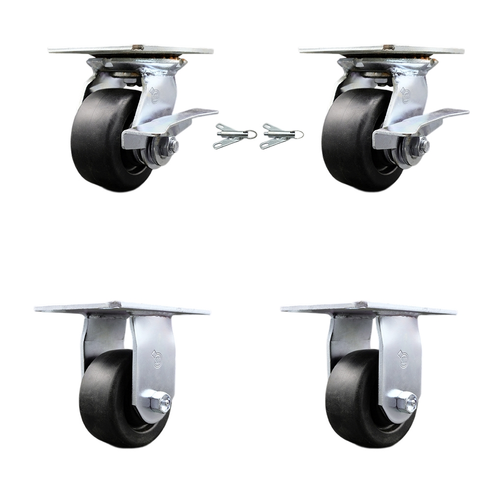Heavy Duty Large Top Plate Polyolefin Swivel Caster w/Main. Free Bearings Set of 4 w/4" x 2" Black Wheels - Includes 2 Swivel with Brakes and Bolt on Swivel Locks & 2 Rigid - Service Caster Brand — photo 1