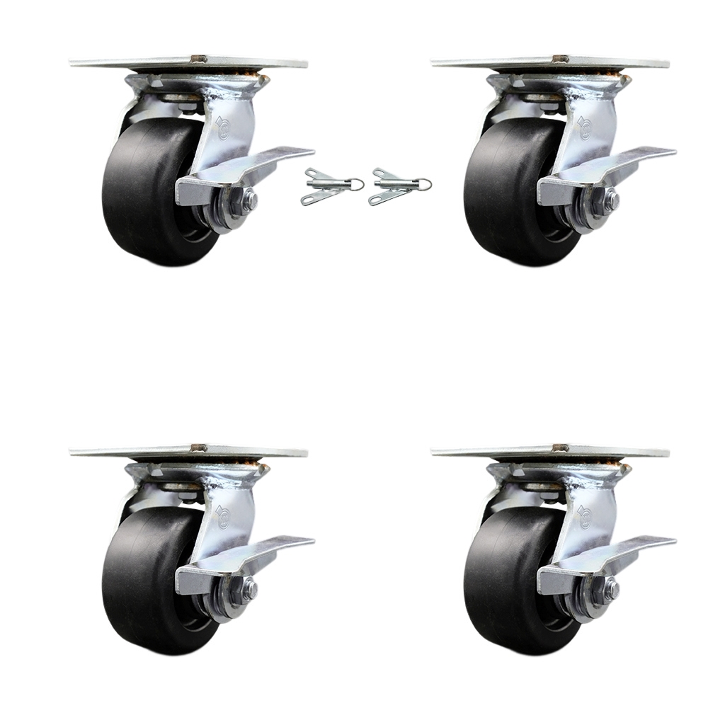 Heavy Duty Large Top Plate Polyolefin Swivel Caster w/Main. Free Bearings Set 4 w/4" x 2" Black Wheels-Includes 2 Swivel with Brakes and Bolt on Swivel Locks&2 Swivel with Brakes- Service Caster Brand — photo 1