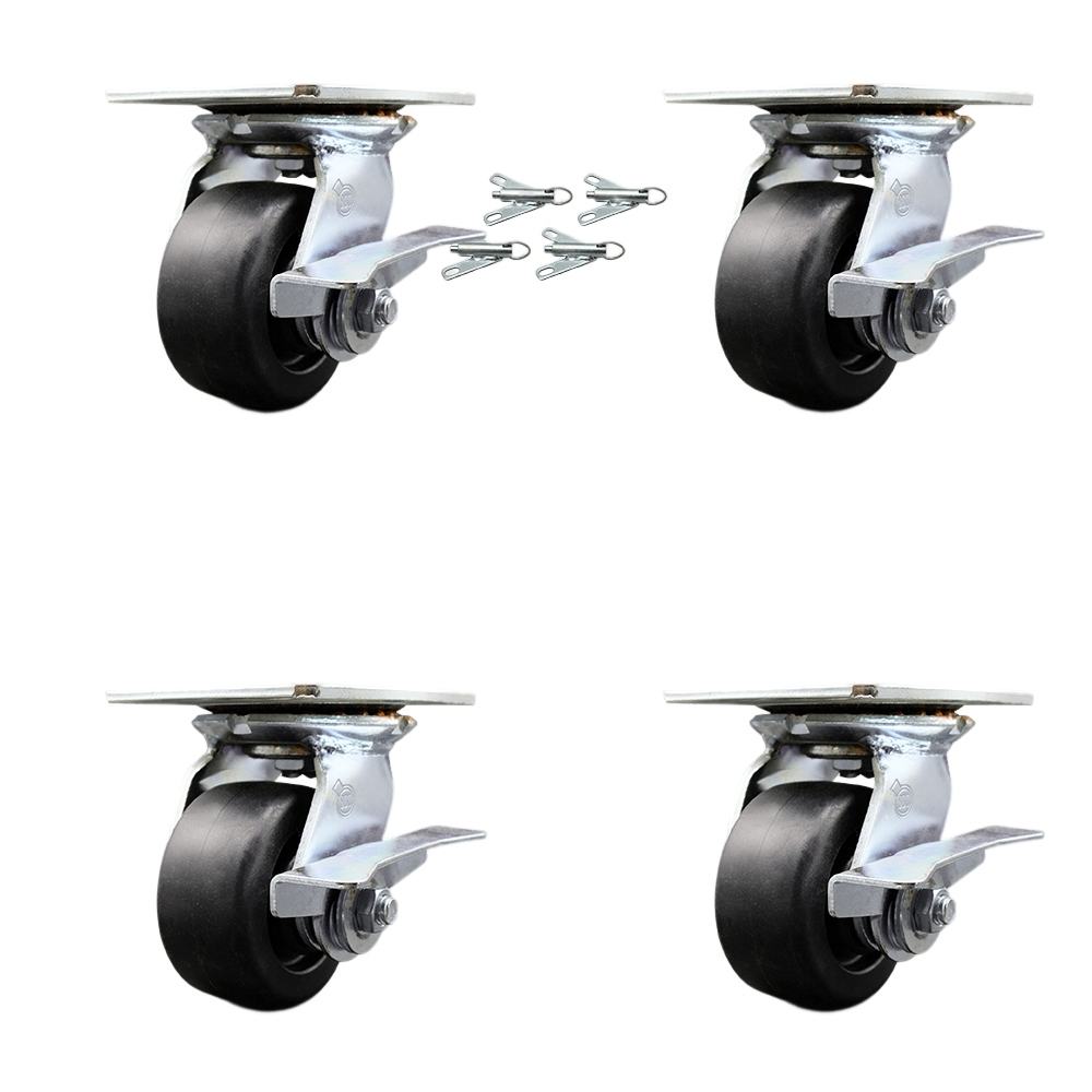 Heavy Duty Large Top Plate Polyolefin Swivel Caster w/Main. Free Bearings Set of 4 w/4" x 2" Black Wheels - Includes 4 Swivel w/Side Lck Brakes & Bolt on Swivel Locks - Service Caster Brand — photo 1