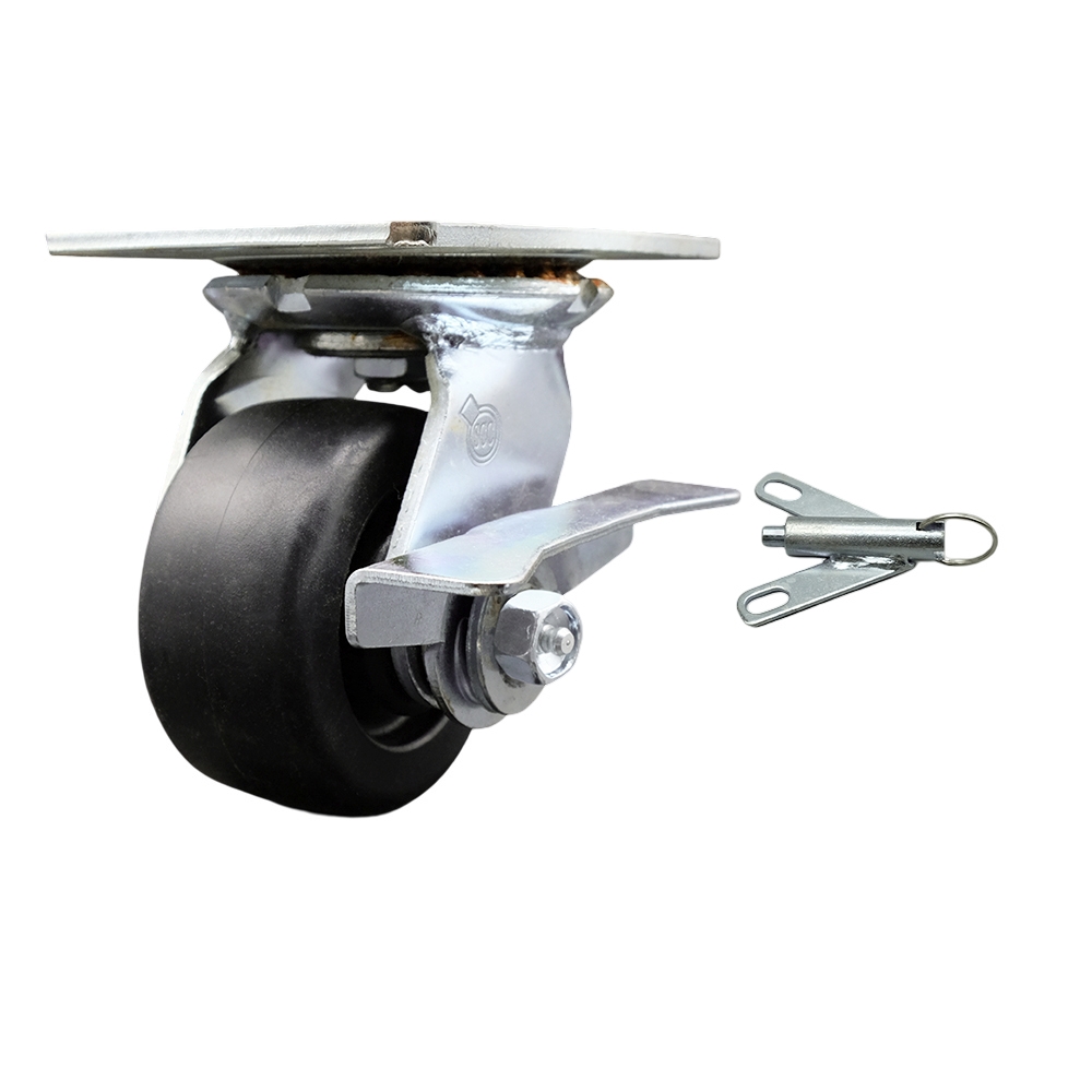 Heavy Duty Large Top Plate Polyolefin Swivel Caster w/Main. Free Bearings and 4" x 2" Black Wheel & Side Lck Brake and Bolt on Swivel Lock - 500 lbs Capacity/Caster - Service Caster Brand — photo 1