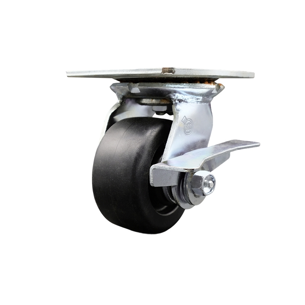 Heavy Duty Large Top Plate Polyolefin Swivel Caster w/Main. Free Bearings and 4" x 2" Black Wheel & Side Lck Brake - 500 lbs Capacity/Caster - Service Caster Brand — photo 1