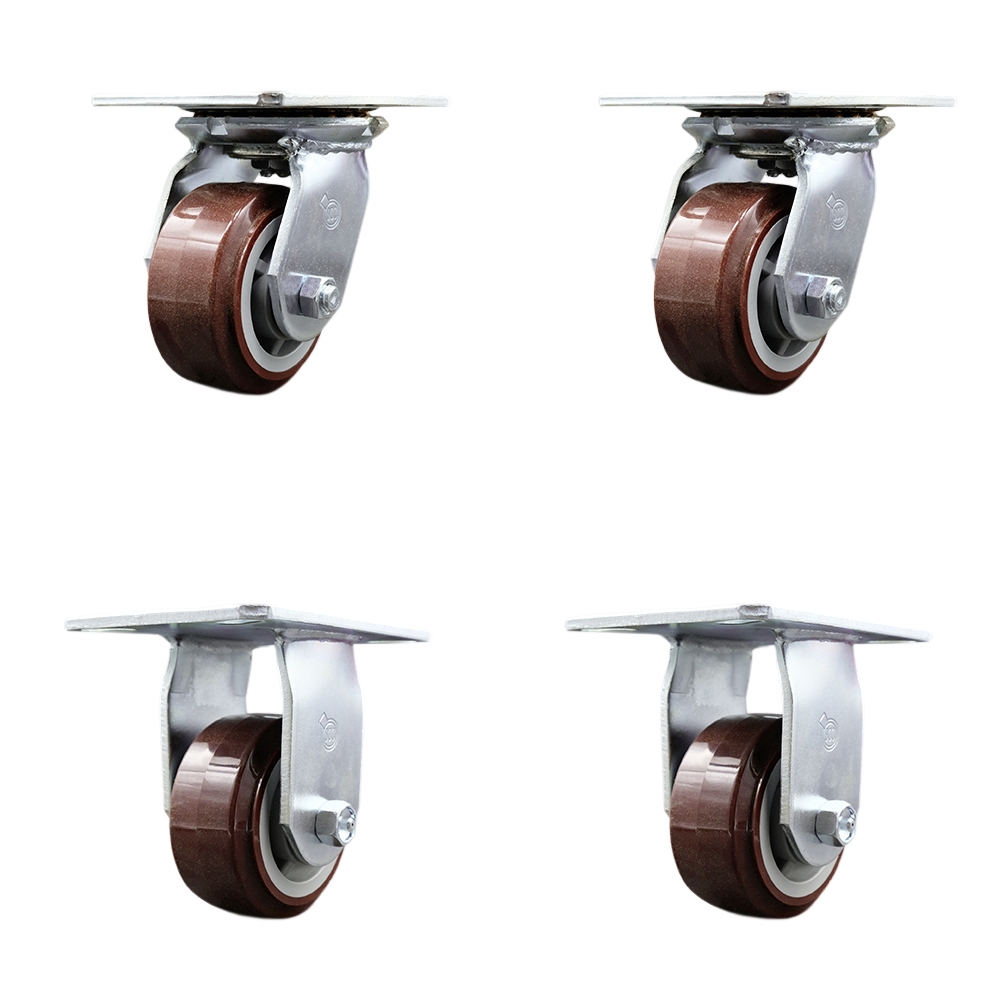 Heavy Duty Large Top Plate Polyurethane on Polyolefin Swivel Caster Set of 4 w/4" x 2" Maroon Wheels - Includes 2 Swivel & 2 Rigid - 2400 lbs Total Capacity - Service Caster Brand — photo 1