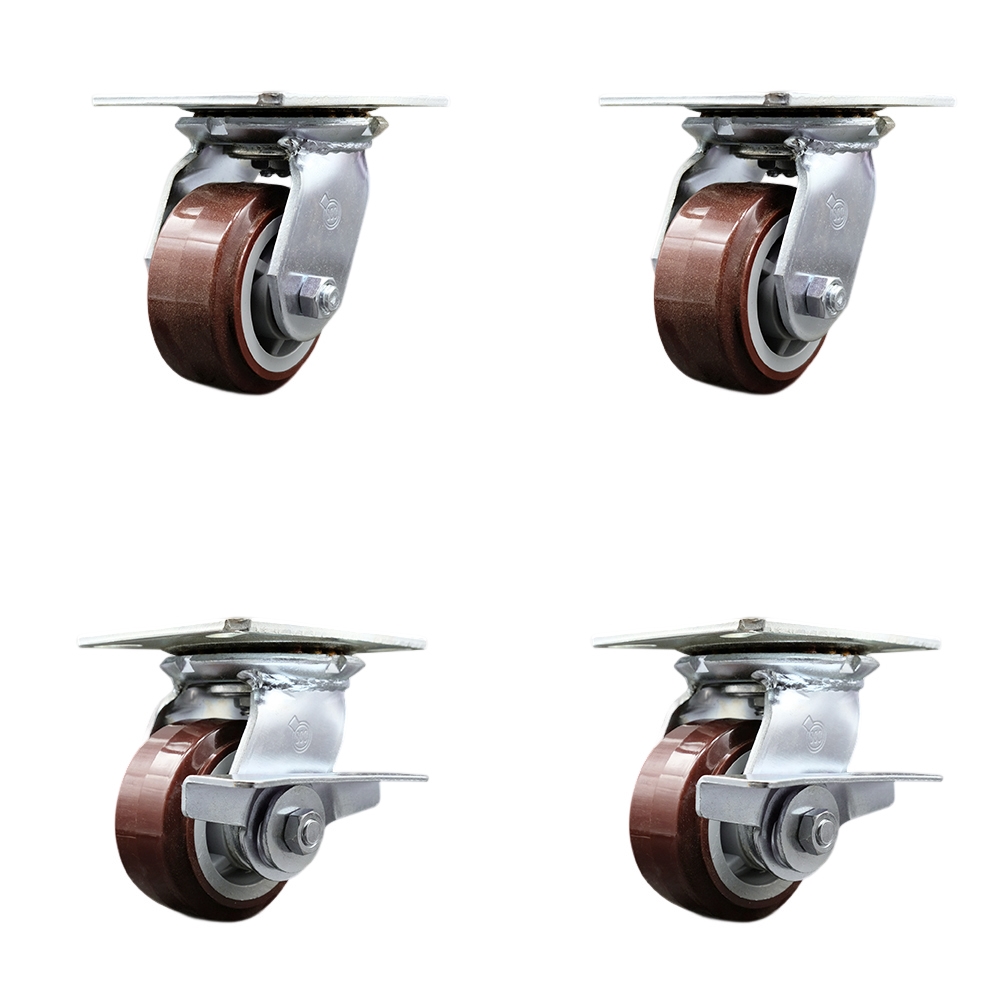 Heavy Duty Large Top Plate Polyurethane on Polyolefin Swivel Caster w/Main. Free Bearings Set of 4 w/4" x 2" Maroon Wheels-Includes 2 Swvl with Brakes&2 Swvl-2400 lbs Total Cpty - Service Caster Brand — photo 1