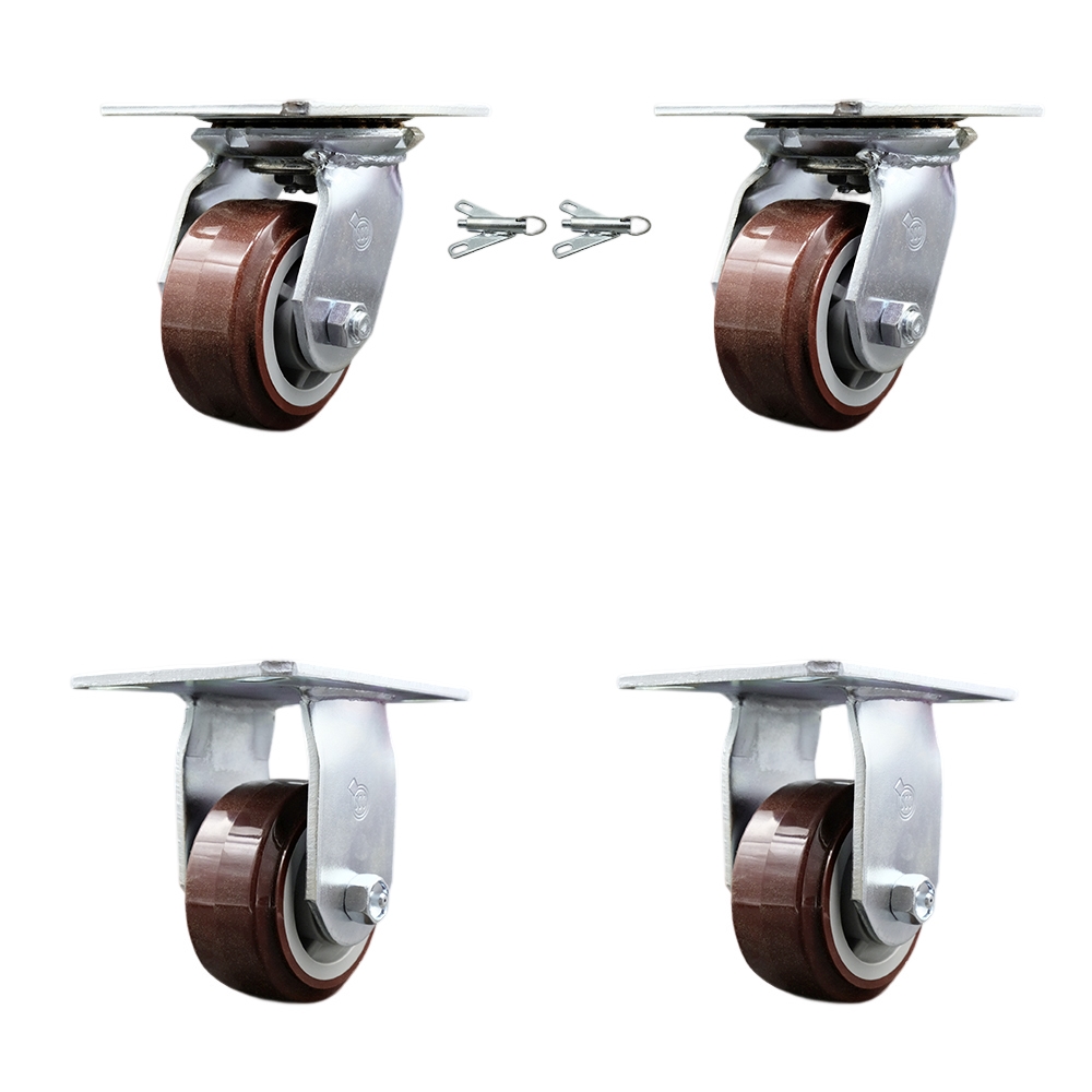 Heavy Duty Large Top Plate Polyurethane on Polyolefin Swivel Caster w/Main. Free Bearings Set of 4 w/4" x 2" Maroon Wheels - Includes 2 Swivel with Bolt on Swivel Locks& 2 Rigid - Service Caster Brand — photo 1