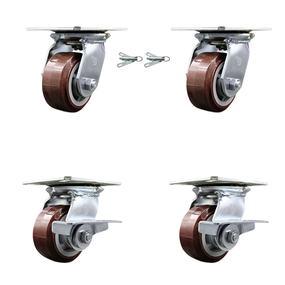 Heavy Duty Large Top Plate Polyurethane on Polyolefin Swivel Caster Set of 4 w/4" x 2" Maroon Wheels-Includes 2 Swivel with Bolt on Swvl Lcks&2 Swvl with Brakes-2400lbs Total Cpty-Service Caster Brand — photo 1