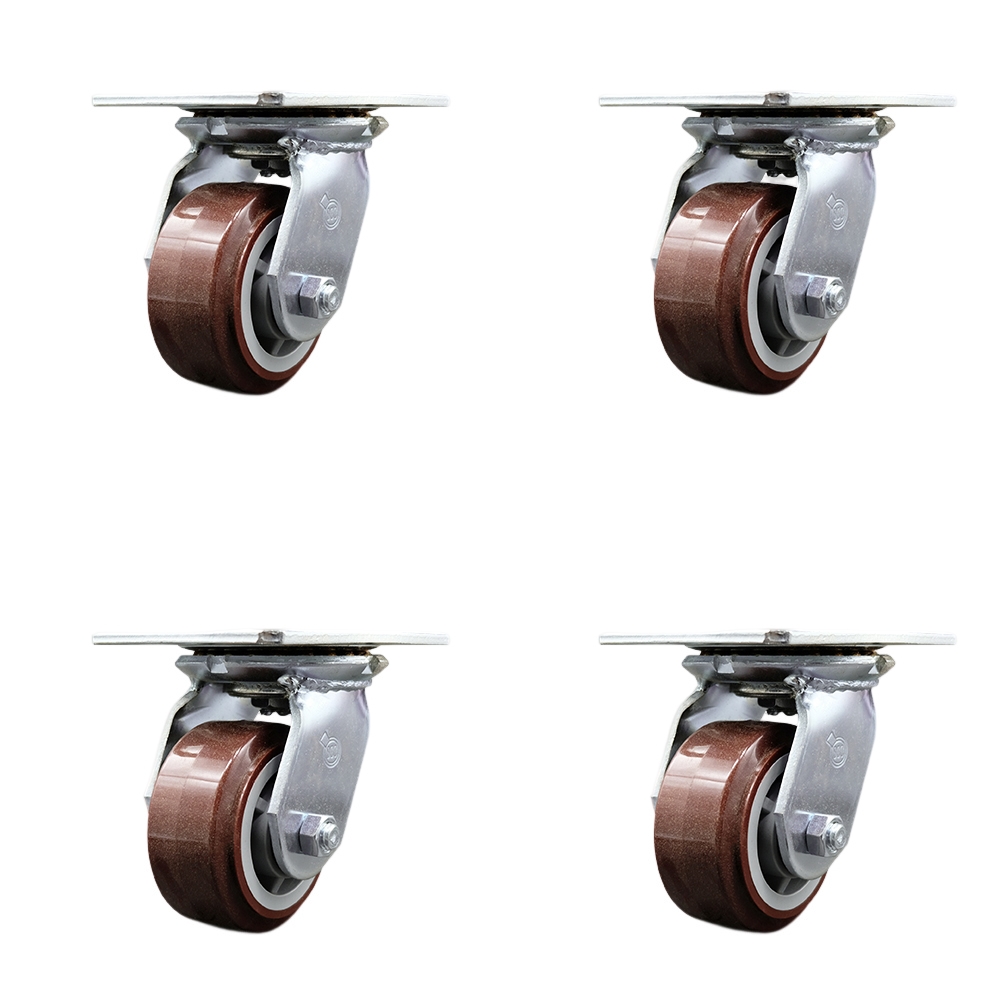 Heavy Duty Large Top Plate Polyurethane on Polyolefin Swivel Caster w/Main. Free Bearings Set of 4 w/4" x 2" Maroon Wheels-Includes 4 Swvl w/Bolt on Swvl Lcks-2400lbs Total Cpty - Service Caster Brand — photo 1