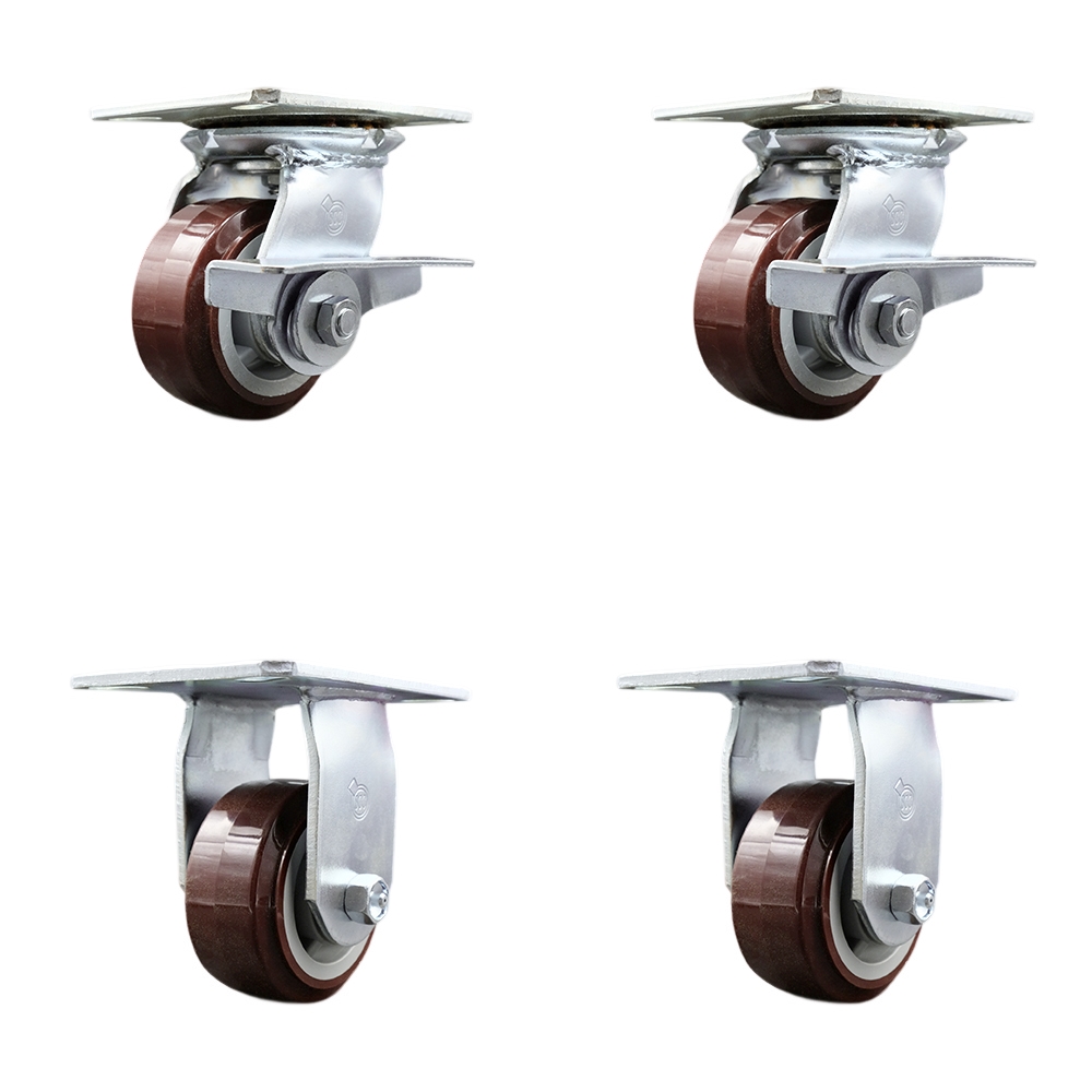 Heavy Duty Large Top Plate Polyurethane on Polyolefin Swivel Caster Set of 4 w/4" x 2" Maroon Wheels - Includes 2 Swivel with Brakes & 2 Rigid - 2400 lbs Total Capacity - Service Caster Brand — photo 1