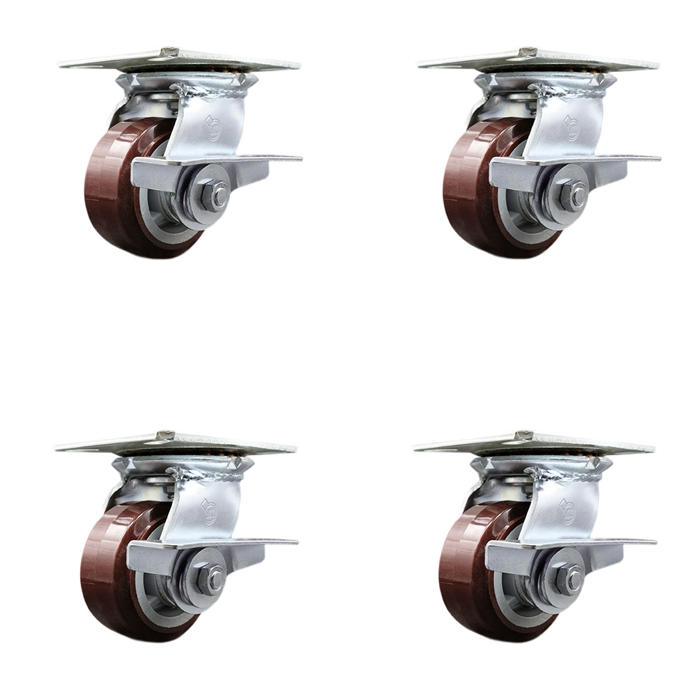 Heavy Duty Large Top Plate Polyurethane on Polyolefin Swivel Caster w/Main. Free Bearings Set of 4 w/4" x 2" Maroon Wheels-Includes 4 Swivel w/Side Lck Brakes-2400lbs Total Cpty - Service Caster Brand — photo 1