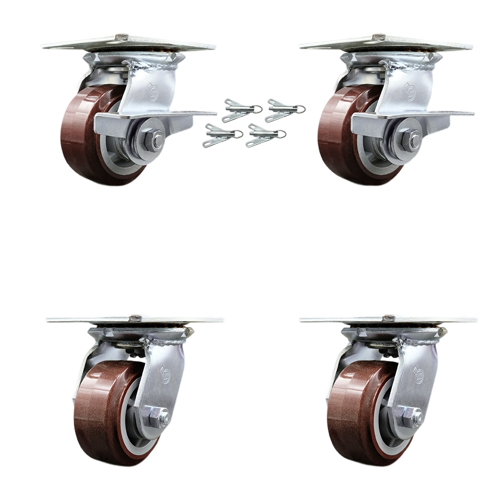 Heavy Duty Large Top Plate Poly on Polyolefin Swivel Caster Set 4 w/4" x 2" Maroon Wheels-Includes 2 Swvl w/BRKs and Bolt on Swvl Lcks&2 Swvl w/Bolt on Swvl Lck-2400lbs Total Cpty-Service Caster Brand — photo 1
