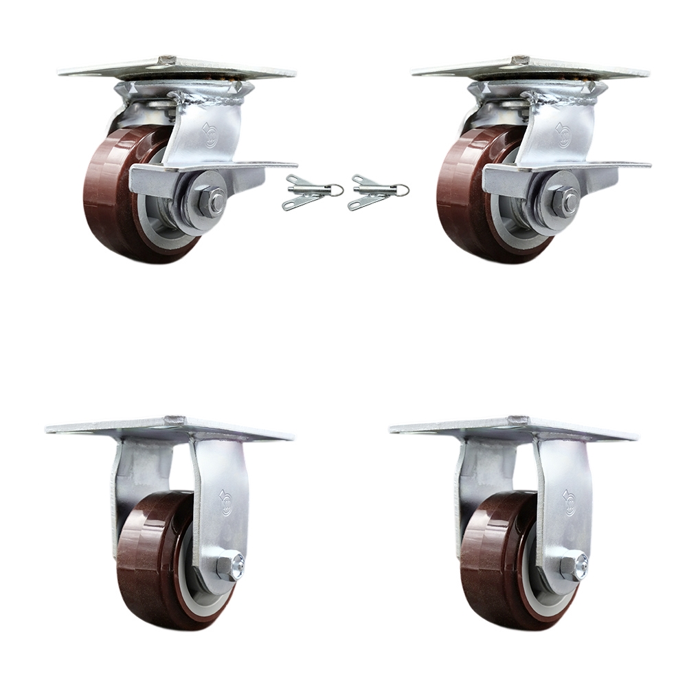 Heavy Duty Large Top Plate Polyurethane on Polyolefin Swivel Caster w/Main. Free Bearings Set of 4 w/4" x 2" Maroon Wheels-Includes 2 Swvl with Brakes and Bolt on Swvl Lck&2 Rigid-Service Caster Brand — photo 1