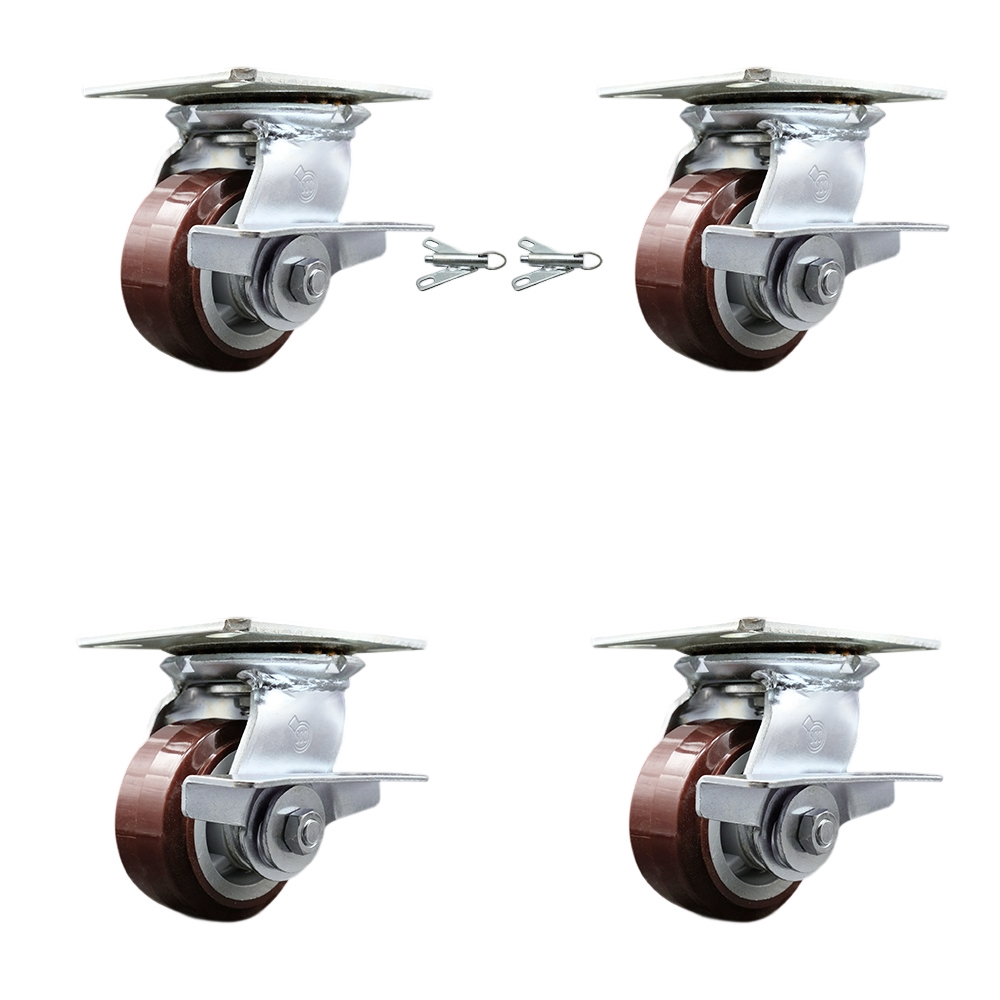 Heavy Duty Large Top Plate Poly on Polyolefin Swivel Caster Set 4 w/4" x 2" Maroon Wheels-Includes 2 Swivel w/Brakes and Bolt on Swvl Lcks&2 Swvl with Brakes-2400 lbs Total Cpty - Service Caster Brand — photo 1