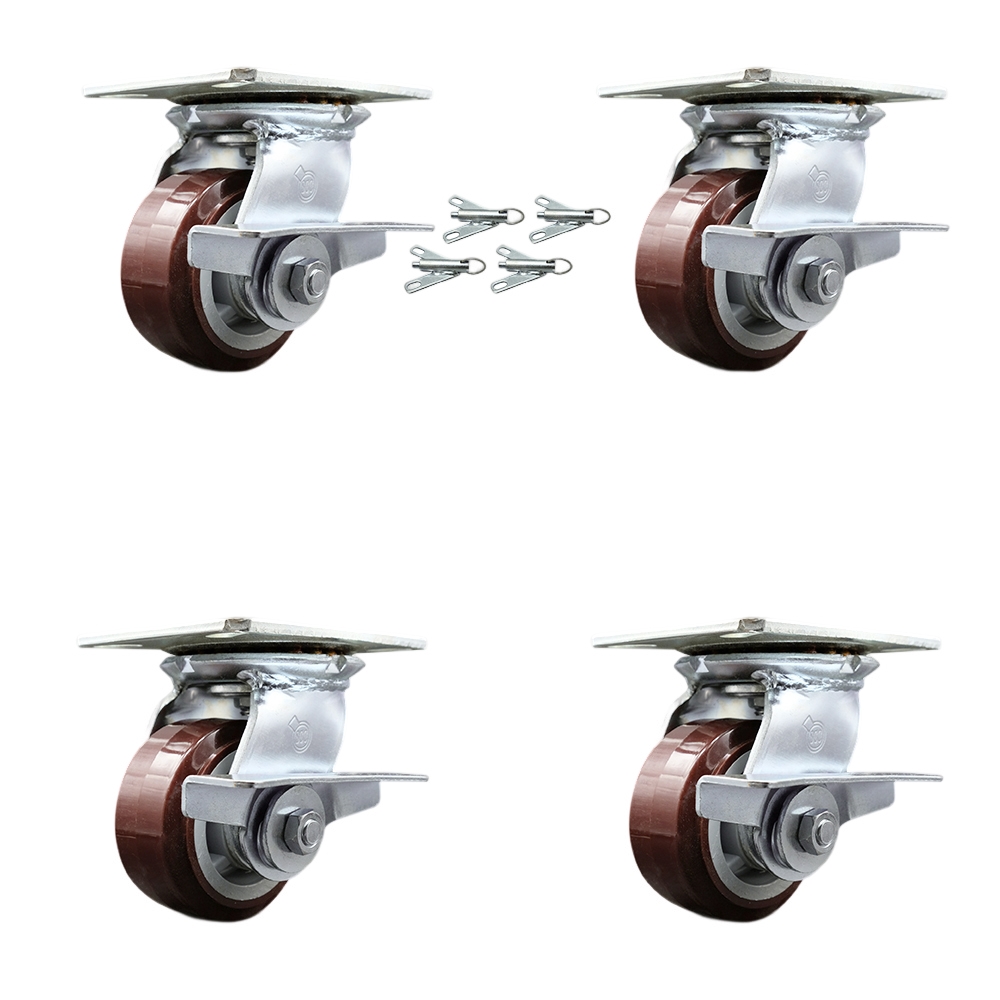 Heavy Duty Large Top Plate Polyurethane on Polyolefin Swivel Caster w/Main. Free Bearings Set of 4 w/4" x 2" Maroon Wheels-Includes 4 Swivel w/Side Lck Brakes&Bolt on Swivel Locks-Service Caster Brand — photo 1