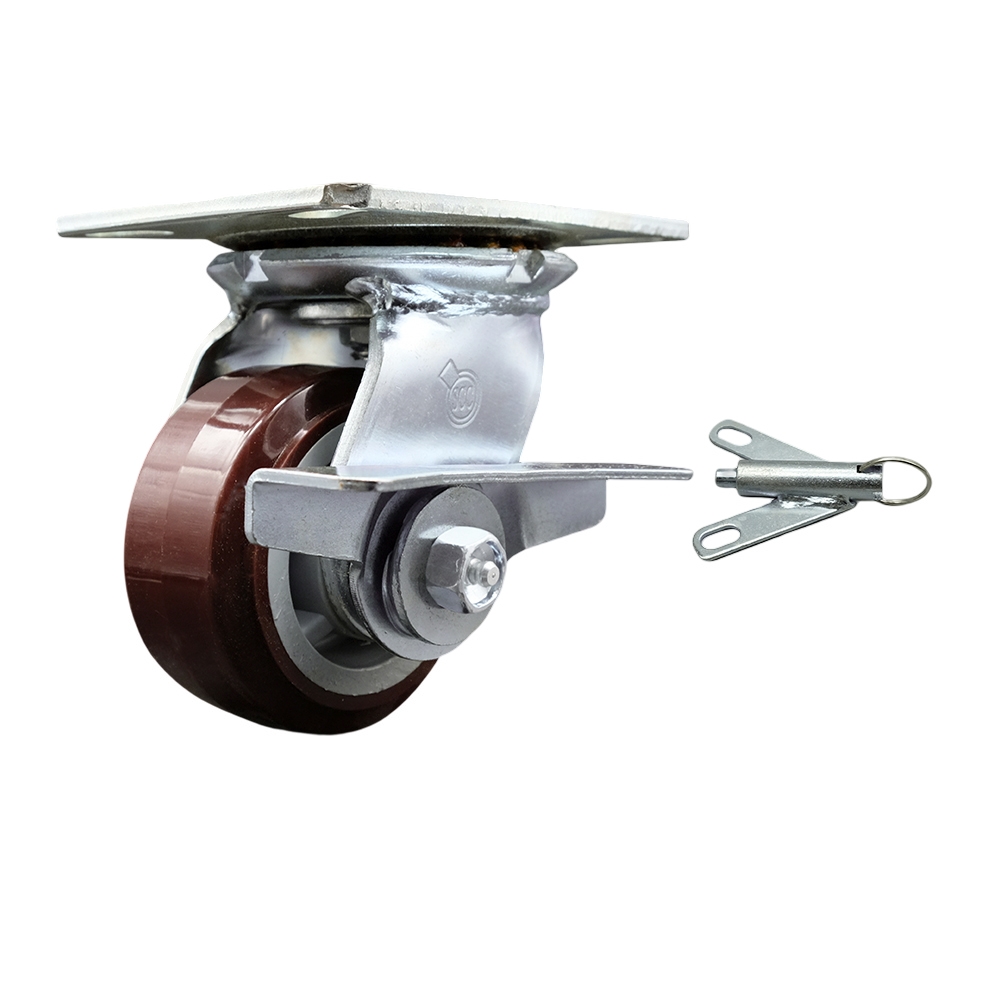 Heavy Duty Large Top Plate Polyurethane on Polyolefin Swivel Caster w/4" x 2" Maroon Wheel & Side Lck Brake and Bolt on Swivel Lock - 600 lbs Capacity/Caster - Service Caster Brand — photo 1