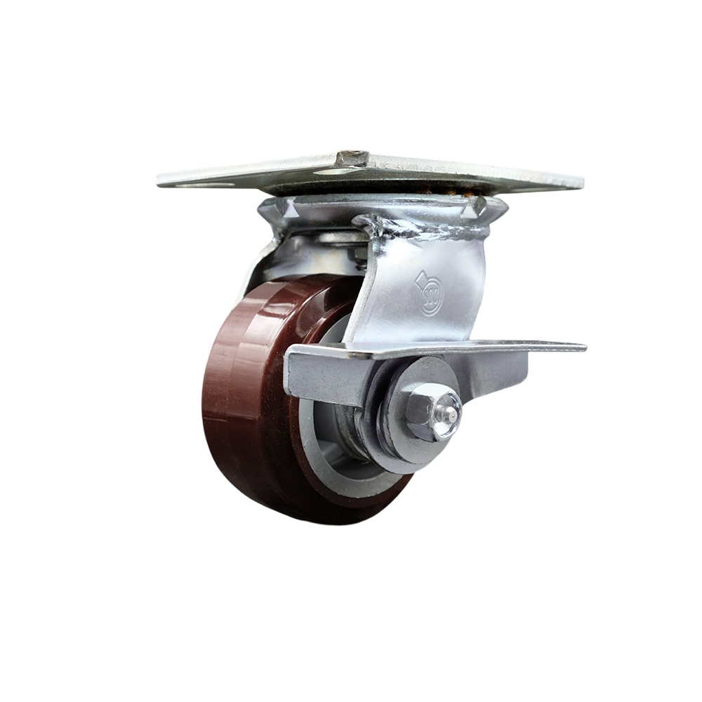 Heavy Duty Large Top Plate Polyurethane on Polyolefin Swivel Caster w/Main. Free Bearings and 4" x 2" Maroon Wheel & Side Lck Brake - 600 lbs Capacity/Caster - Service Caster Brand — photo 1