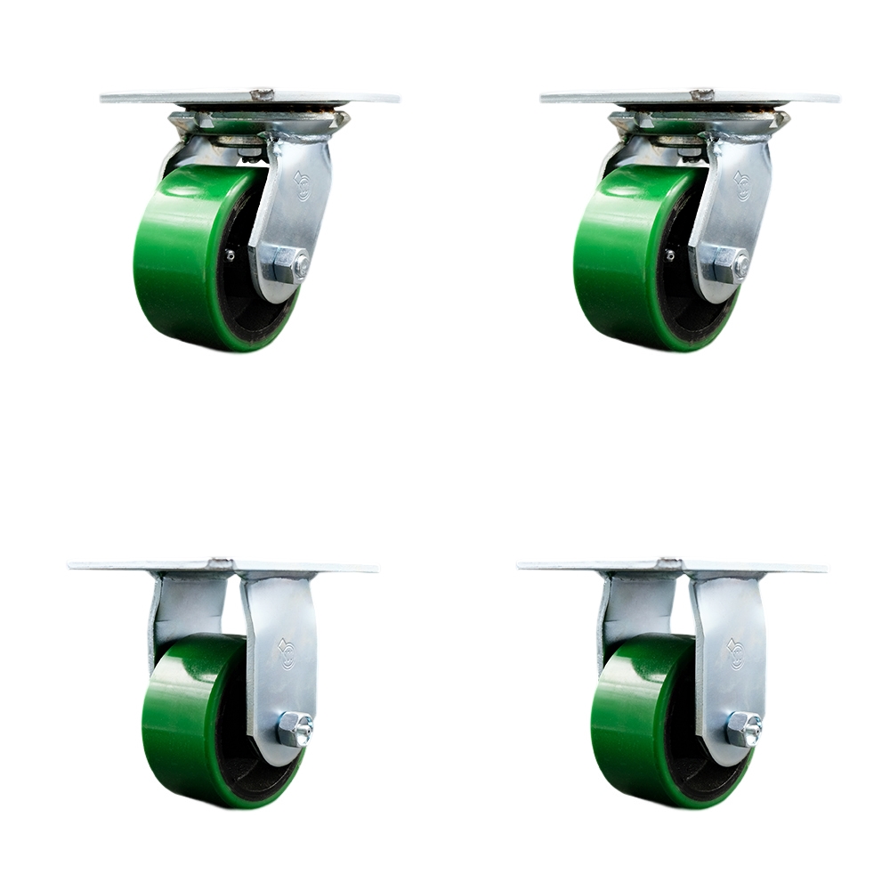 Heavy Duty Large Top Plate Polyurethane on Cast Iron Swivel Caster w/Main. Free Bearings Set of 4 w/4" x 2" Green Wheels - Includes 2 Swivel & 2 Rigid - 2800 lbs Total Capacity - Service Caster Brand — photo 1