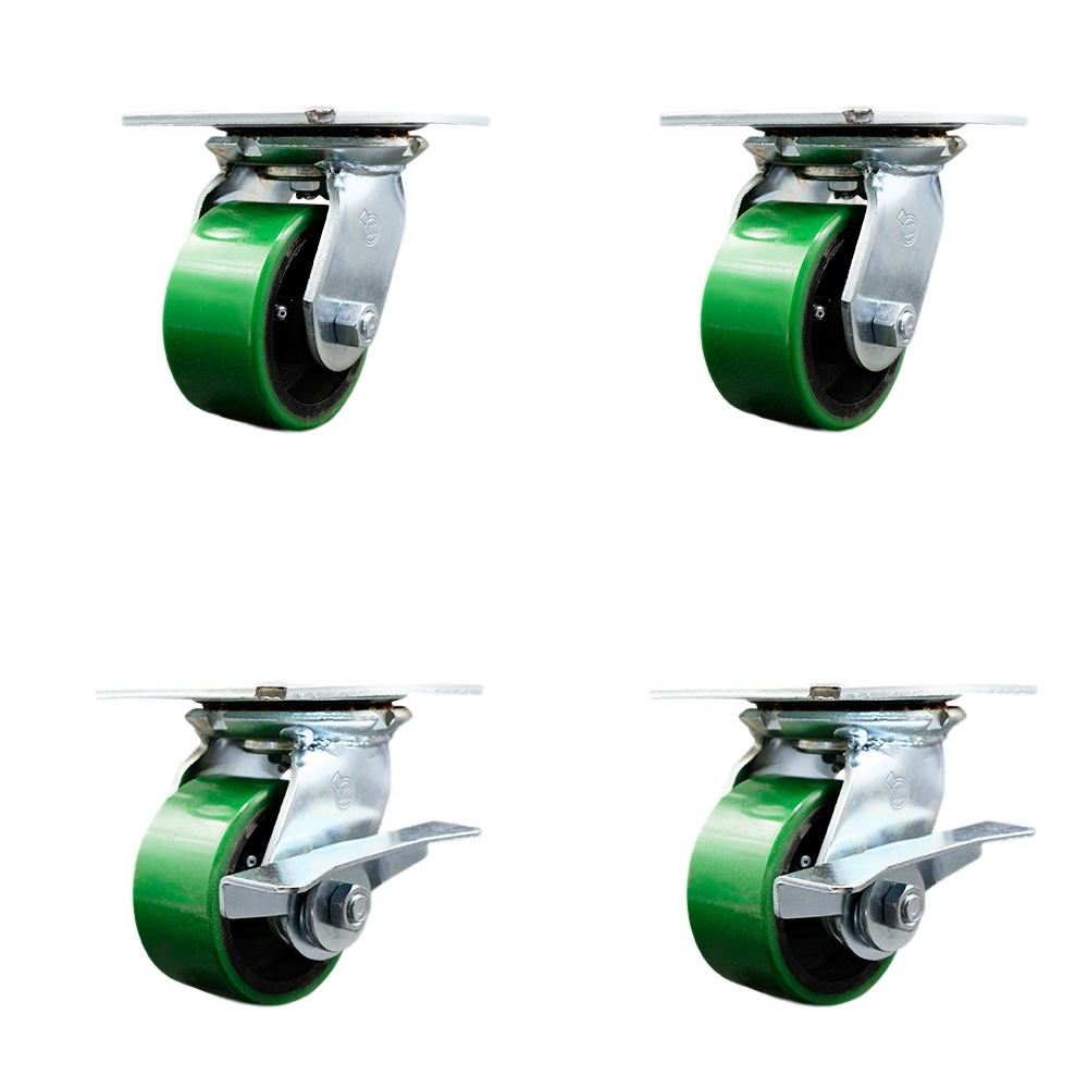 Heavy Duty Large Top Plate Polyurethane on Cast Iron Swivel Caster w/Main. Free Bearings Set of 4 w/4" x 2" Green Wheels - Includes 2 Swivel with Brakes & 2 Swivel - Service Caster Brand — photo 1