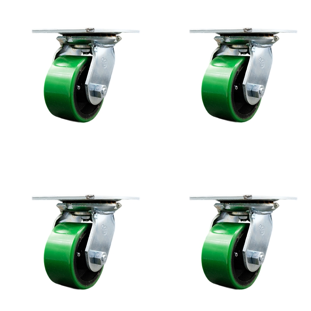 Heavy Duty Large Top Plate Polyurethane on Cast Iron Swivel Caster w/Main. Free Bearings Set of 4 w/4" x 2" Green Wheels - Includes 4 Swivel - 2800 lbs Total Capacity - Service Caster Brand — photo 1