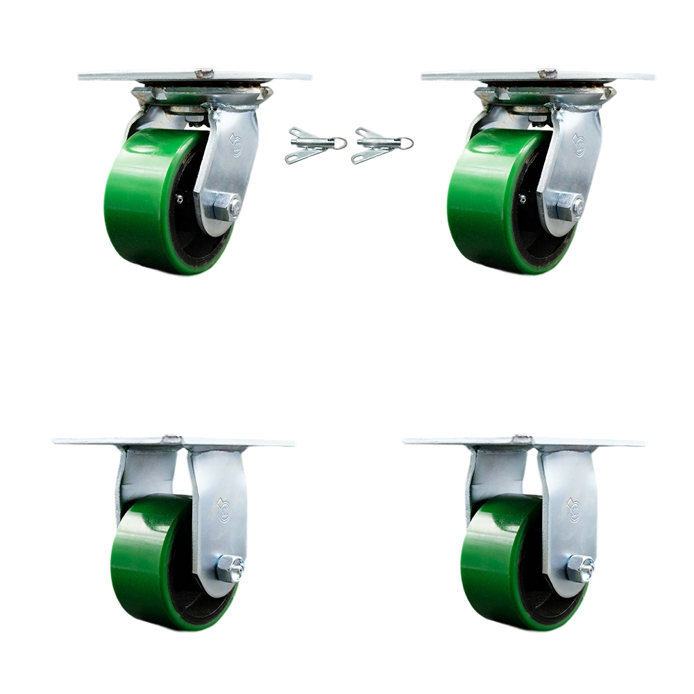 Heavy Duty Large Top Plate Polyurethane on Cast Iron Swivel Caster Set of 4 w/4" x 2" Green Wheels - Includes 2 Swivel with Bolt on Swivel Locks & 2 Rigid-2800lbs Total Capacity - Service Caster Brand — photo 1
