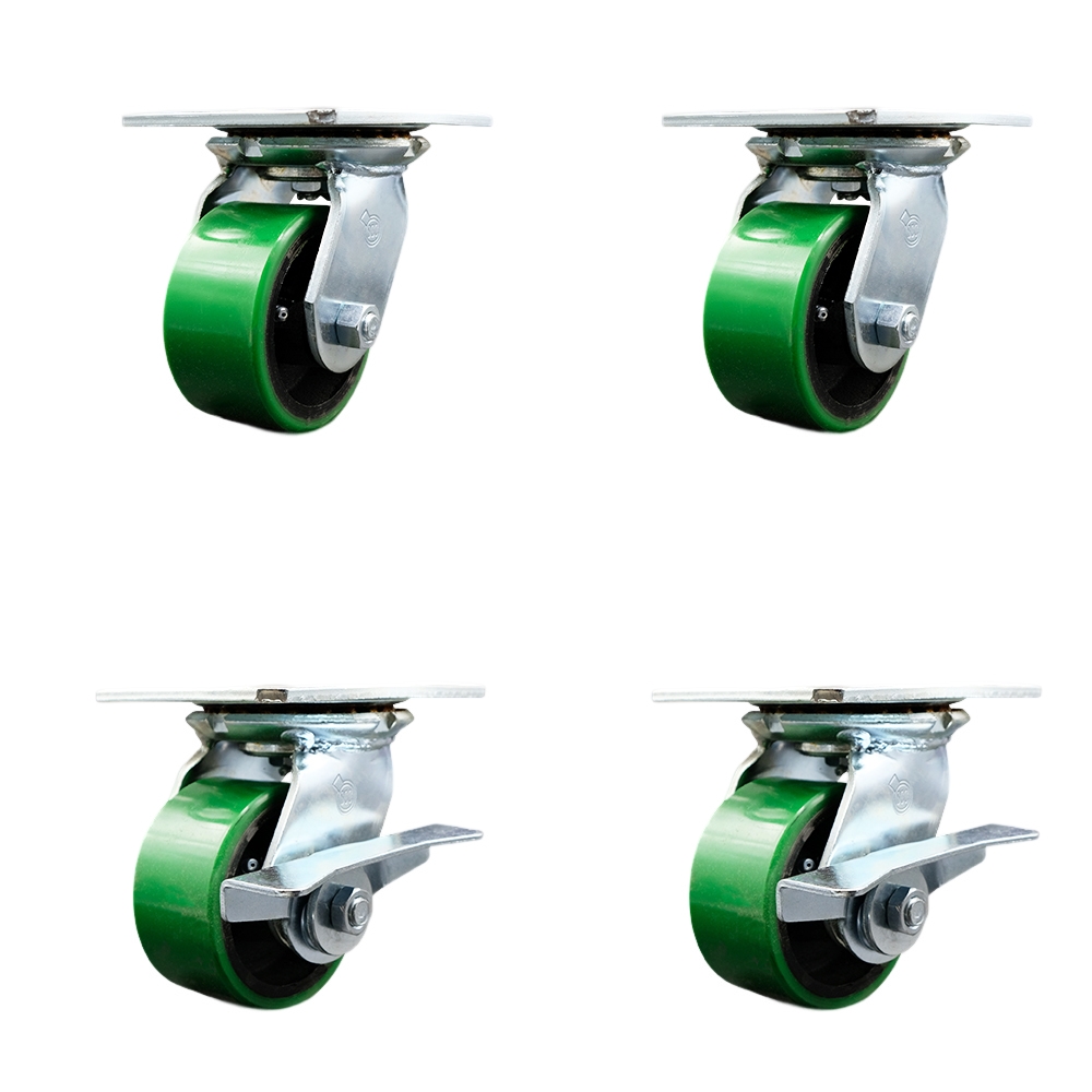 Heavy Duty Large Top Plate Polyurethane on Cast Iron Swivel Caster w/Main. Free Bearings Set of 4 w/4" x 2" Green Wheels-Includes 2 Swvl with Bolt on Swvl Lcks&2 Swvl with Brakes- Service Caster Brand — photo 1