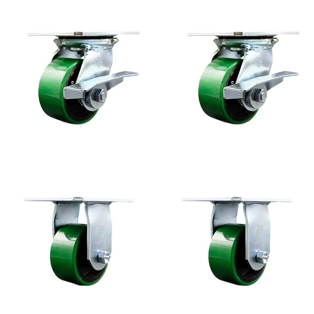Heavy Duty Large Top Plate Polyurethane on Cast Iron Swivel Caster w/Main. Free Bearings Set of 4 w/4" x 2" Green Wheels - Includes 2 Swivel with Brakes & 2 Rigid - Service Caster Brand — photo 1