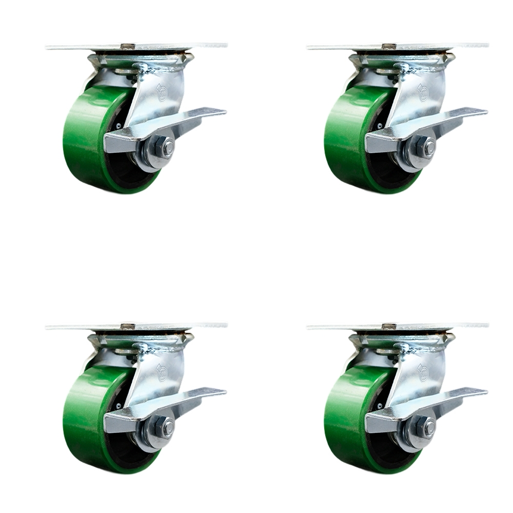 Heavy Duty Large Top Plate Polyurethane on Cast Iron Swivel Caster Set of 4 w/4" x 2" Green Wheels - Includes 4 Swivel w/Side Lck Brakes - 2800 lbs Total Capacity - Service Caster Brand — photo 1