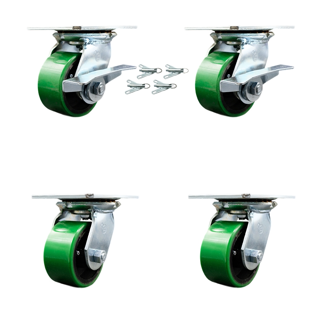 Heavy Duty Large Top Plate Poly on Cast Iron Swivel Caster w/Main. Free Bearings Set 4 w/4" x 2" Green Wheel-Includes 2 Swvl w/BRKs and Bolt on Swvl Lck&2 Swvl w/Bolt on Swvl Lck- Service Caster Brand — photo 1