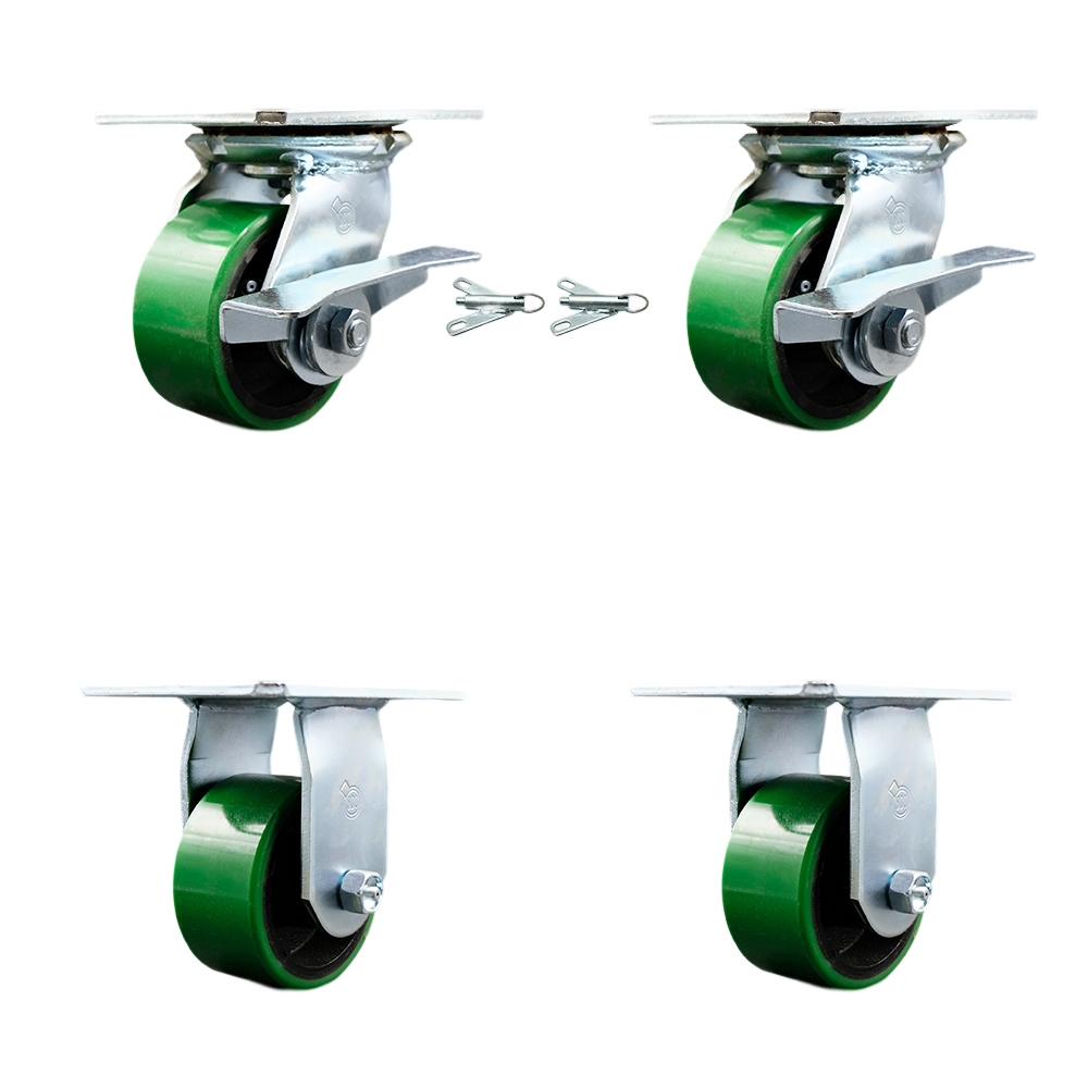 Heavy Duty Large Top Plate Polyurethane on Cast Iron Swivel Caster Set 4 w/4" x 2" Green Wheels - Includes 2 Swivel with Brakes and Bolt on Swvl Locks&2 Rigid-2800lbs Total Cpty - Service Caster Brand — photo 1