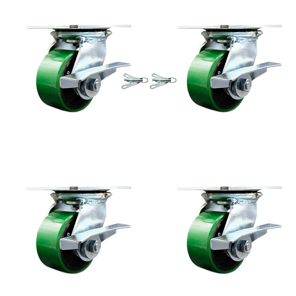 Heavy Duty Large Top Plate Poly on Cast Iron Swivel Caster Set 4 w/4" x 2" Green Wheels-Includes 2 Swivel with Brakes and Bolt on Swvl Lcks&2 Swvl with Brakes-2800 lbs Total Cpty- Service Caster Brand — photo 1