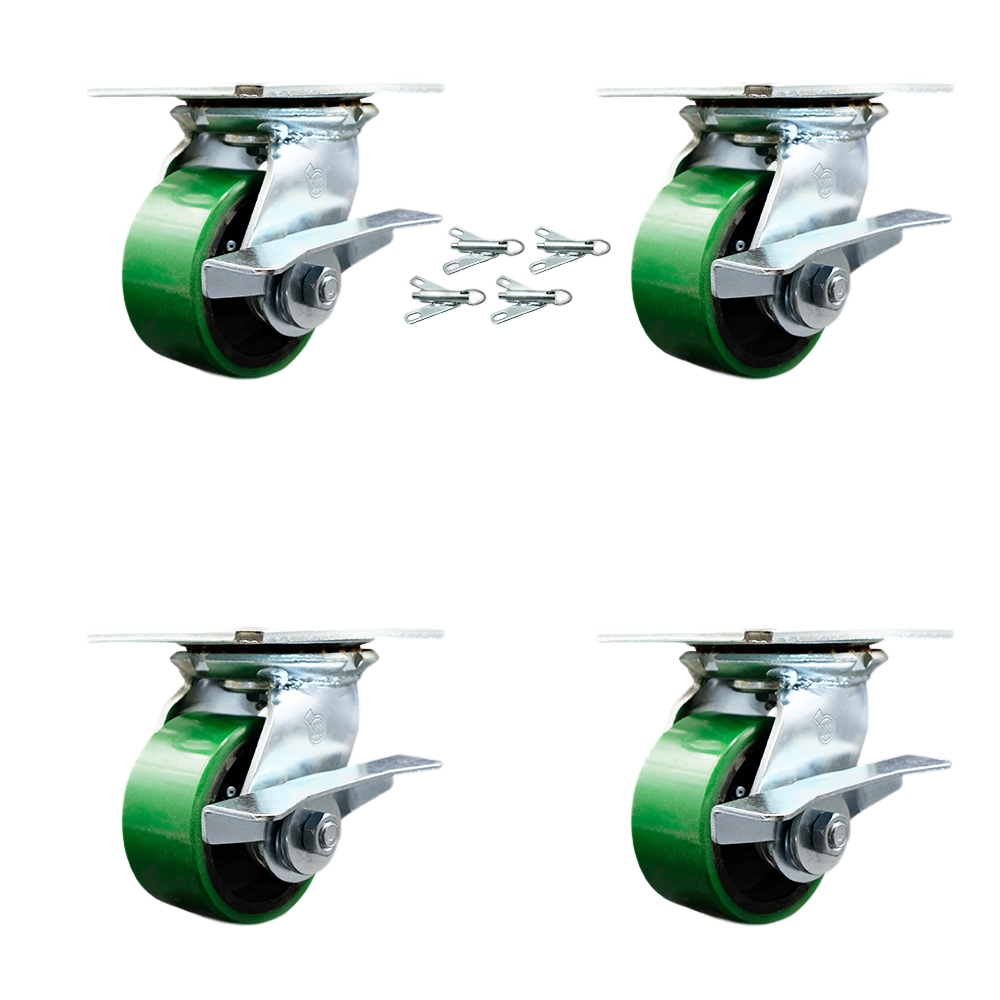 Heavy Duty Large Top Plate Polyurethane on Cast Iron Swivel Caster w/Main. Free Bearings Set of 4 w/4" x 2" Green Wheels-Includes 4 Swivel w/Side Lck Brakes&Bolt on Swivel Locks - Service Caster Brand — photo 1