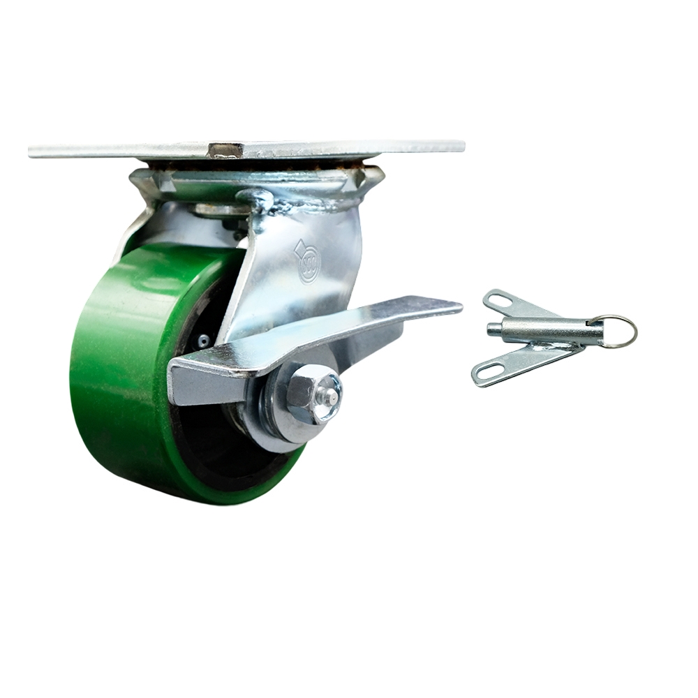 Heavy Duty Large Top Plate Polyurethane on Cast Iron Swivel Caster w/Main. Free Bearings and 4" x 2" Green Wheel & Side Lck Brake and Bolt on Swivel Lock-700 lbs Capacity/Caster - Service Caster Brand — photo 1