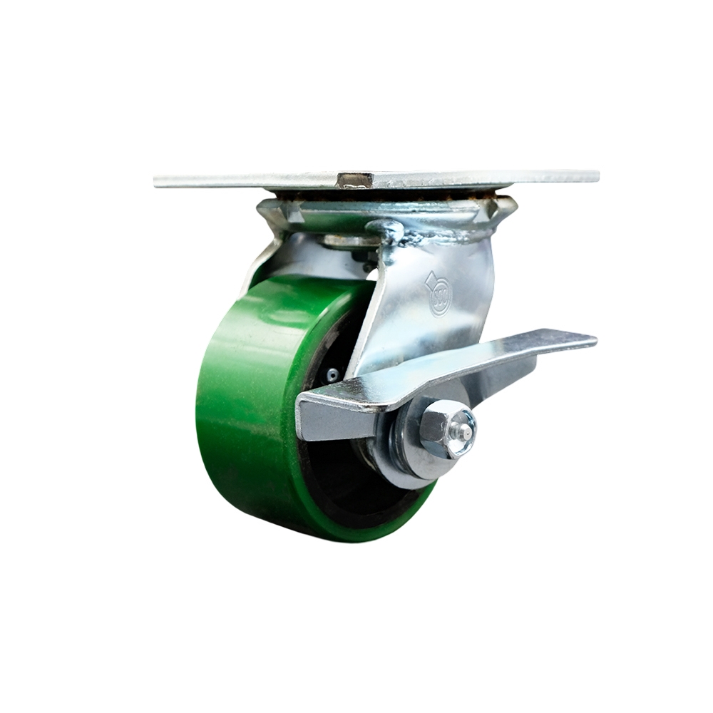 Heavy Duty Large Top Plate Polyurethane on Cast Iron Swivel Caster w/Main. Free Bearings and 4" x 2" Green Wheel & Side Lck Brake - 700 lbs Capacity/Caster - Service Caster Brand — photo 1