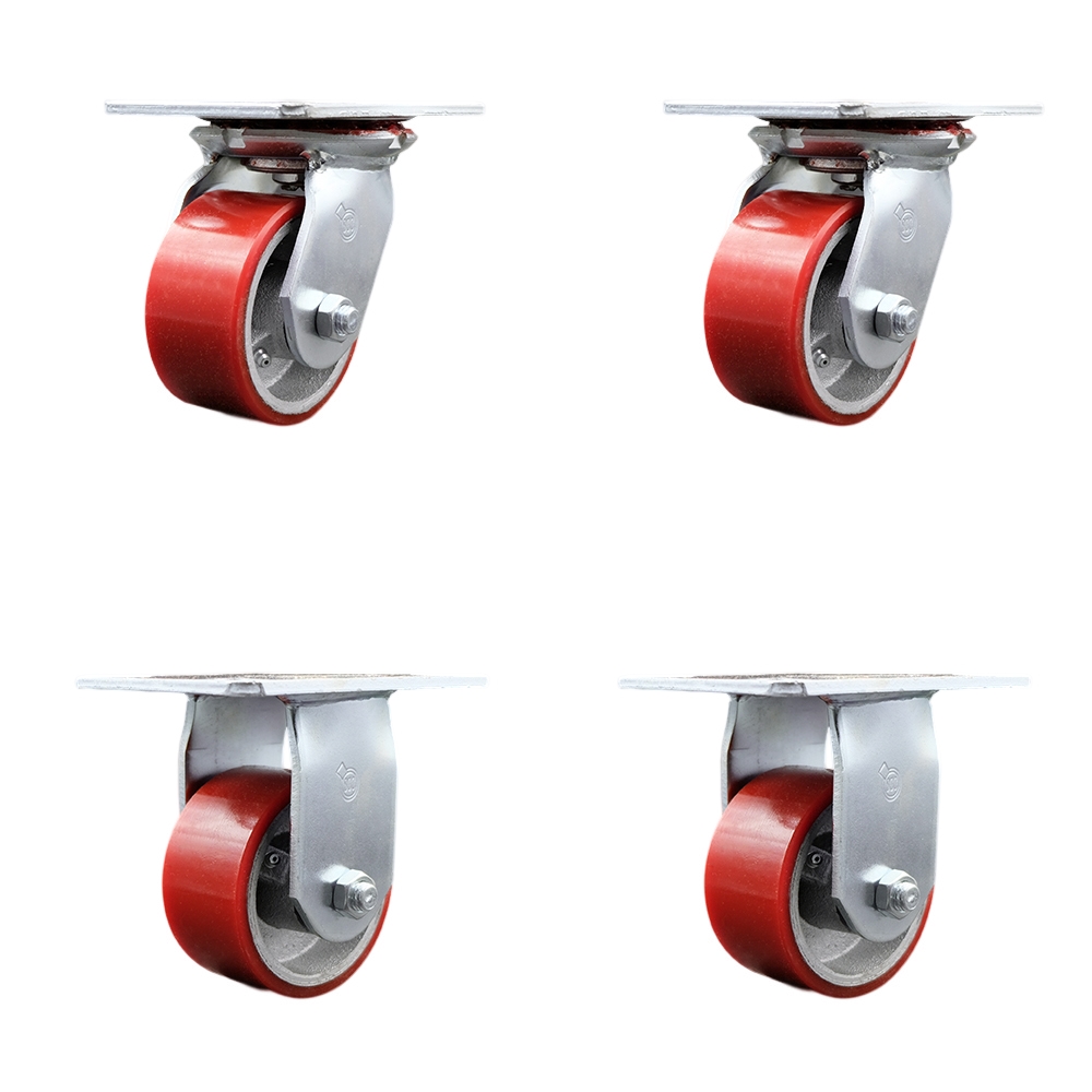 Heavy Duty Large Top Plate Polyurethane on Cast Iron Swivel Caster w/Main. Free Bearings Set of 4 w/4" x 2" Red Wheels - Includes 2 Swivel & 2 Rigid - 2800 lbs Total Capacity - Service Caster Brand — photo 1