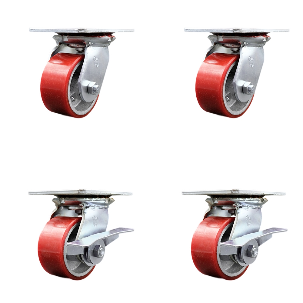 Heavy Duty Large Top Plate Polyurethane on Cast Iron Swivel Caster w/Main. Free Bearings Set of 4 w/4" x 2" Red Wheels- Includes 2 Swivel with Brakes&2 Swivel-2800lbs Total Cpty - Service Caster Brand — photo 1
