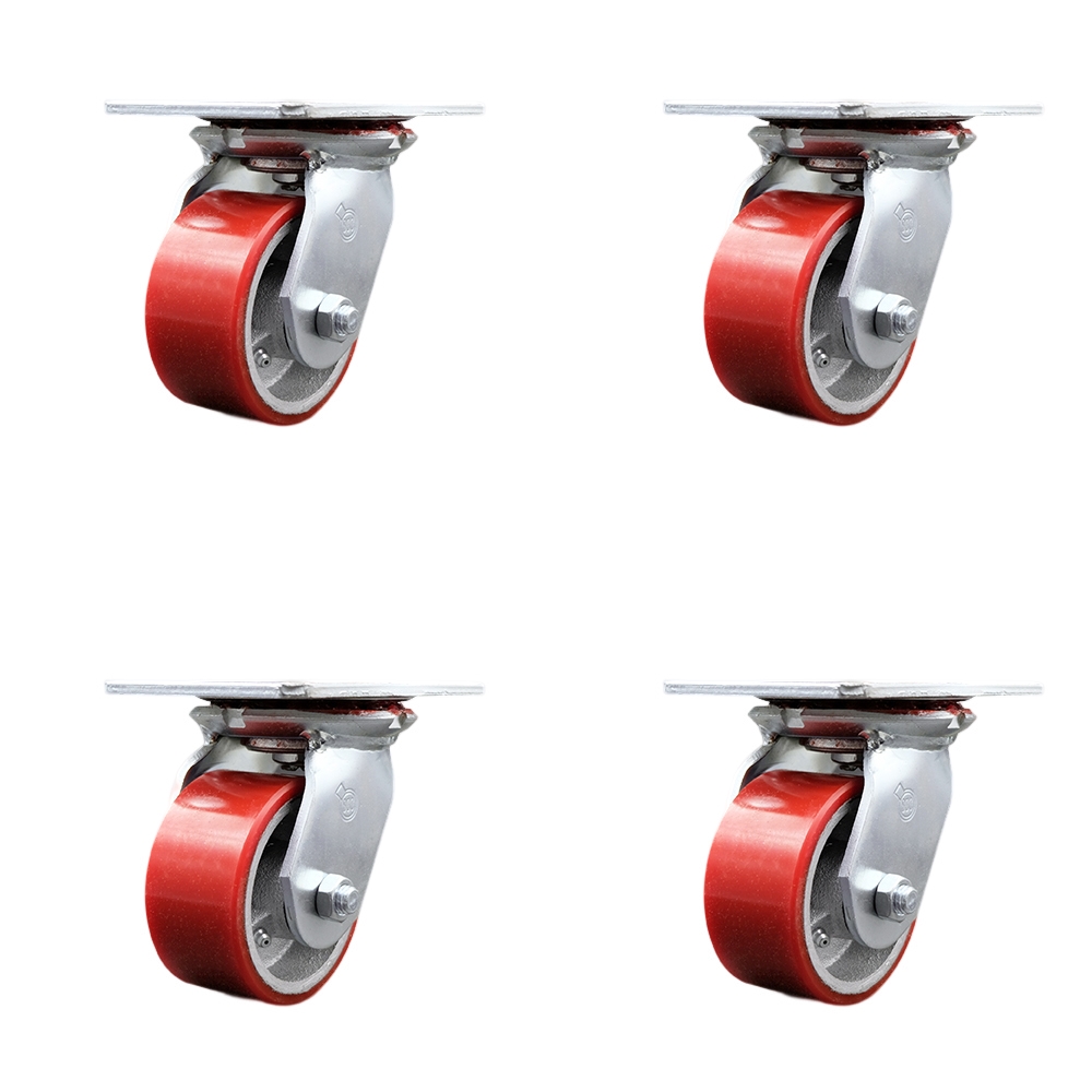 Heavy Duty Large Top Plate Polyurethane on Cast Iron Swivel Caster Set of 4 w/4" x 2" Red Wheels - Includes 4 Swivel - 2800 lbs Total Capacity - Service Caster Brand — photo 1