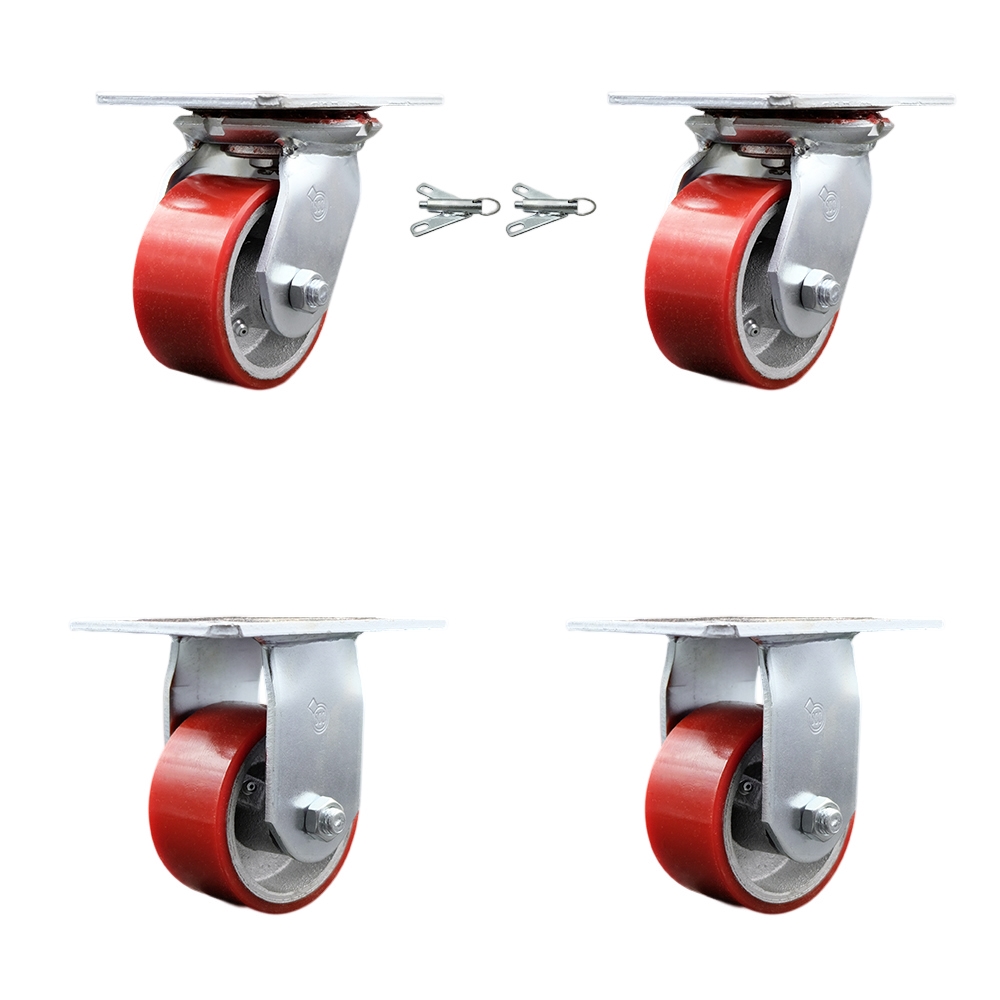 Heavy Duty Large Top Plate Polyurethane on Cast Iron Swivel Caster w/Main. Free Bearings Set of 4 w/4" x 2" Red Wheels - Includes 2 Swivel with Bolt on Swivel Locks & 2 Rigid - Service Caster Brand — photo 1