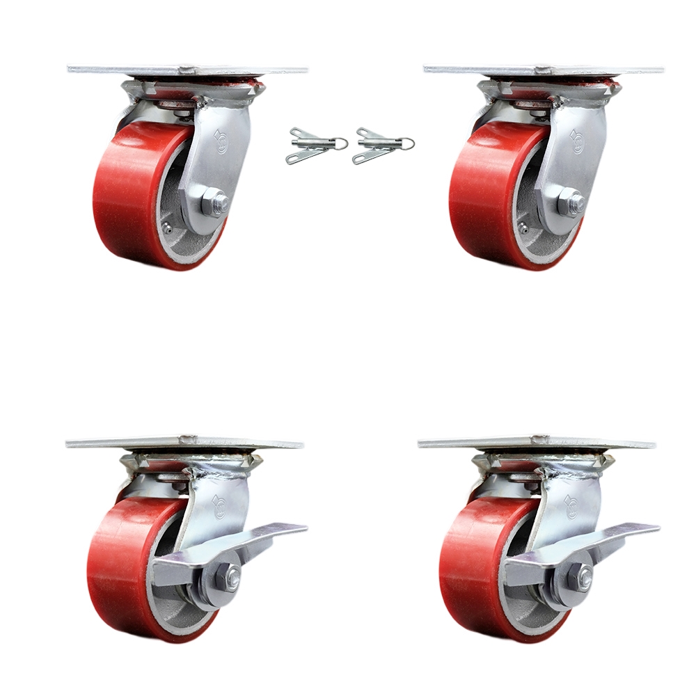 Heavy Duty Large Top Plate Polyurethane on Cast Iron Swivel Caster w/Main. Free Bearings Set of 4 w/4" x 2" Red Wheels-Includes 2 Swivel with Bolt on Swvl Lcks&2 Swvl with Brakes- Service Caster Brand — photo 1