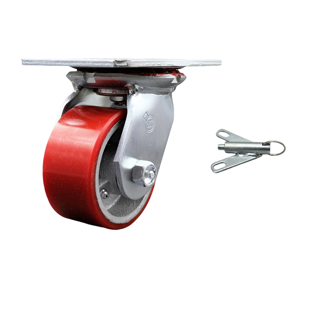 Heavy Duty Large Top Plate Polyurethane on Cast Iron Swivel Caster w/4" x 2" Red Wheel & Bolt on Swivel Lock - 700 lbs Capacity/Caster - Service Caster Brand — photo 1