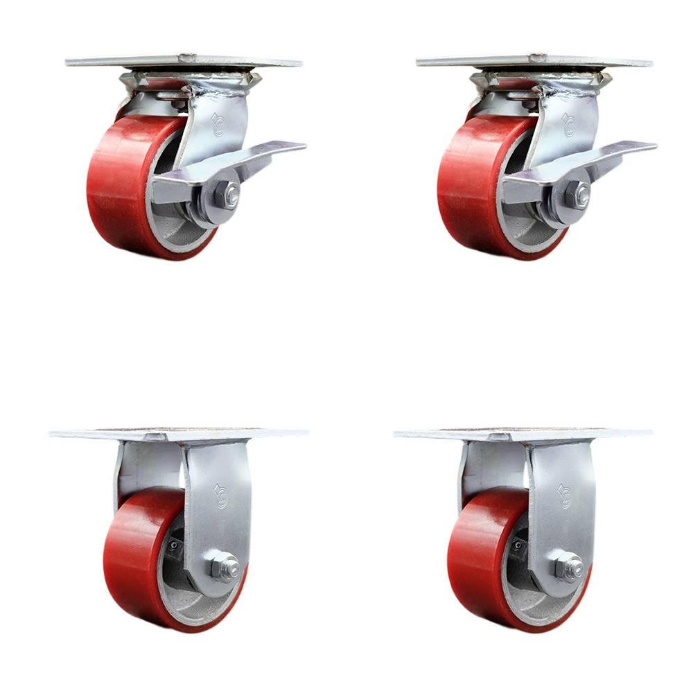 Heavy Duty Large Top Plate Polyurethane on Cast Iron Swivel Caster w/Main. Free Bearings Set of 4 w/4" x 2" Red Wheels- Includes 2 Swivel with Brakes&2 Rigid-2800 lbs Total Cpty - Service Caster Brand — photo 1