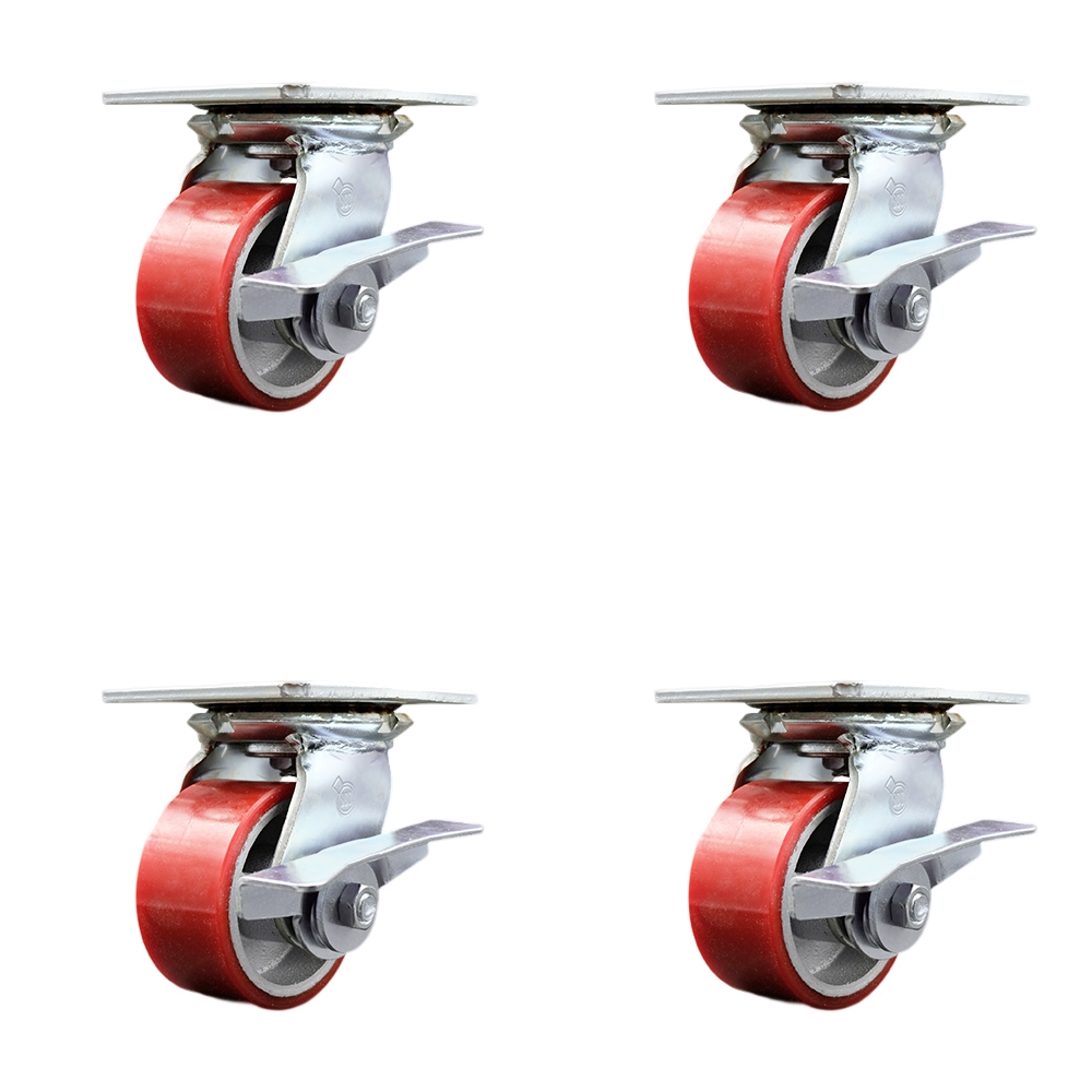 Heavy Duty Large Top Plate Polyurethane on Cast Iron Swivel Caster Set of 4 w/4" x 2" Red Wheels - Includes 4 Swivel w/Side Lck Brakes - 2800 lbs Total Capacity - Service Caster Brand — photo 1