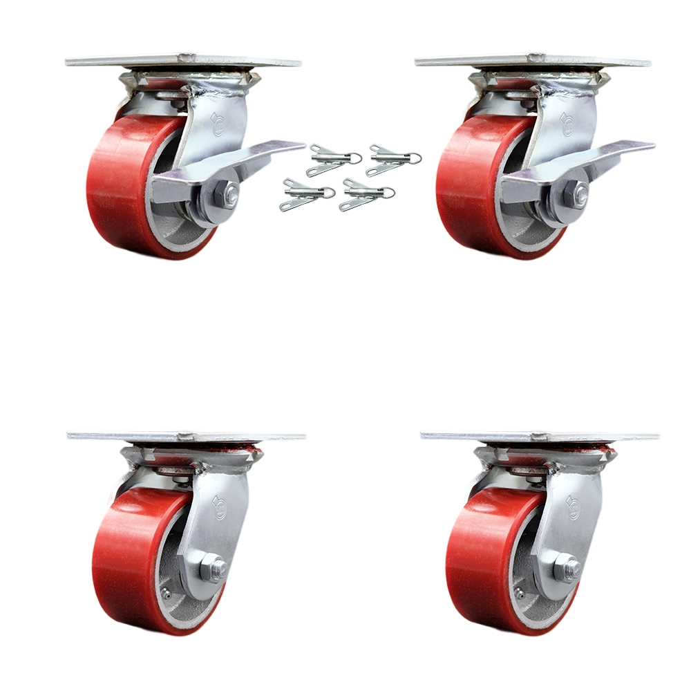 Heavy Duty Large Top Plate Poly on Cast Iron Swivel Caster Set 4 w/4" x 2" Red Wheels-Includes 2 Swvl w/Brakes and Bolt on Swvl Lcks&2 Swvl w/Bolt on Swvl Lcks-2800lbs Total Cpty- Service Caster Brand — photo 1