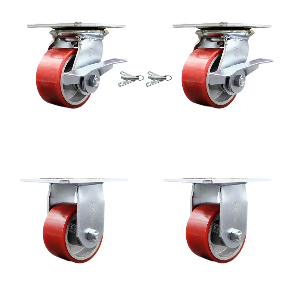 Heavy Duty Large Top Plate Polyurethane on Cast Iron Swivel Caster Set of 4 w/4" x 2" Red Wheels- Includes 2 Swvl with Brakes and Bolt on Swvl Lcks&2 Rigid-2800 lbs Total Capacity-Service Caster Brand — photo 1